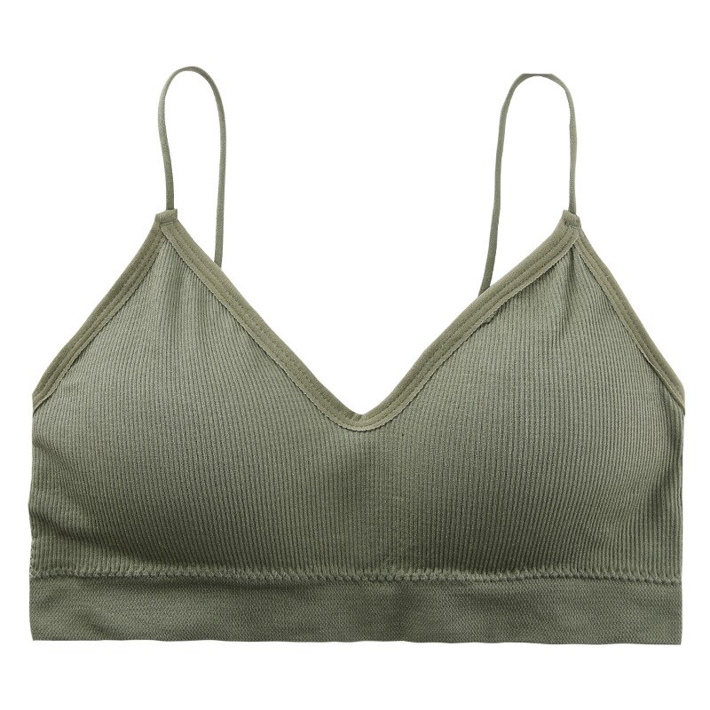 7 kleuren v-hals dames bh onderkant draad brei bh spaghettibandjes ondergoed zonder beugels gewatteerde naadloze topjes: Groente