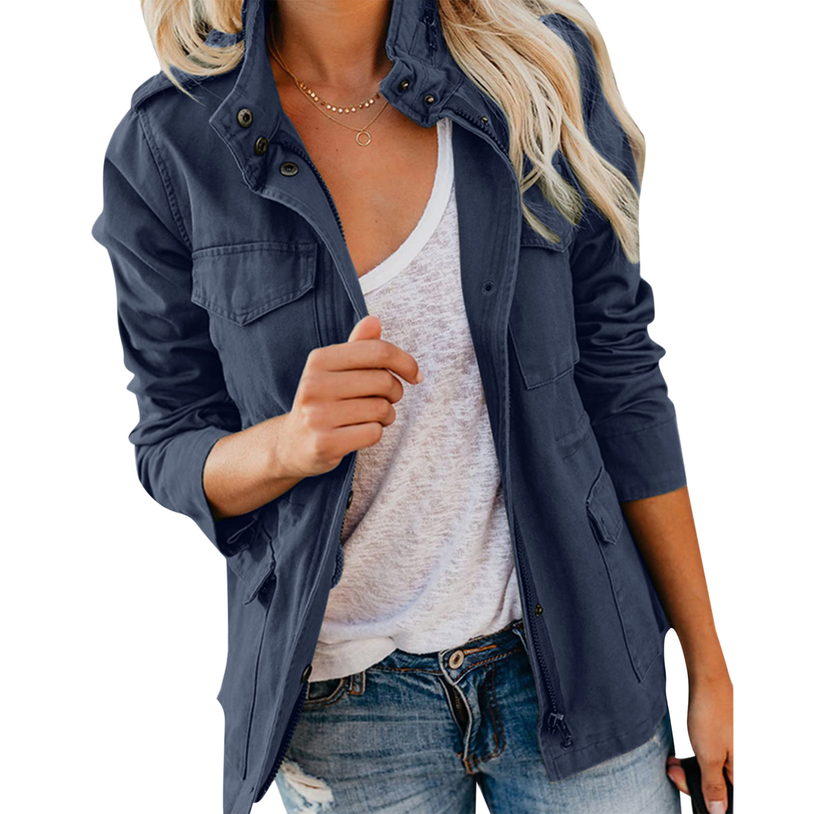 Autumn Women Waist Tunic Coats Retro Green Multi-Pocketed Jacket Turn-Down Collar Button Solid Color Outwear Coats