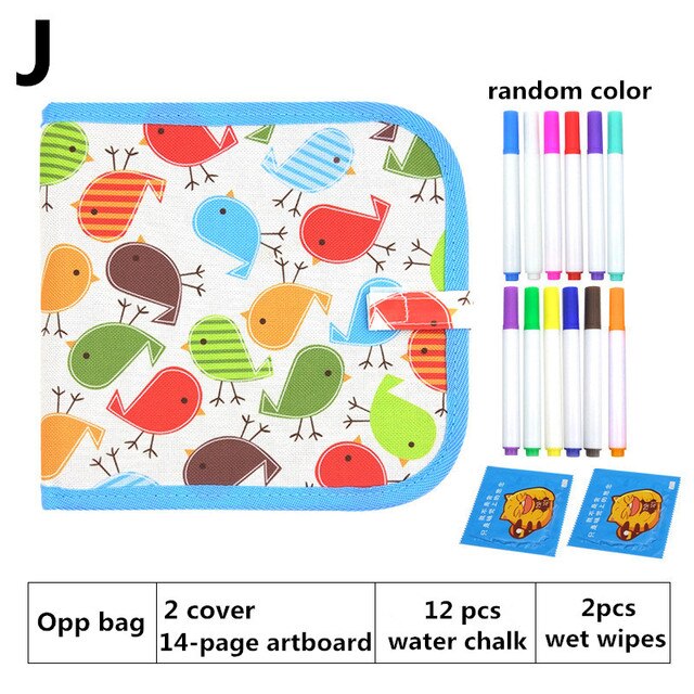 Baby DIY Drawing Book Portable Soft Chalk Drawing Board Coloring Book With Water Chalk Kid Painting Blackboard: J 14 pages