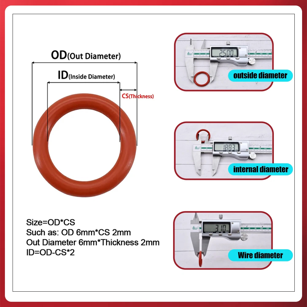 O-Ring-Dichtungen, Dichtung, Silikon, roter O-Ring-Dichtungssatz, ölbeständige O-Ringe, Gummi-O-Ring, Hochtemperatur-VMQ-Unterlegscheibe, CS1,0 mm–3,1 mm