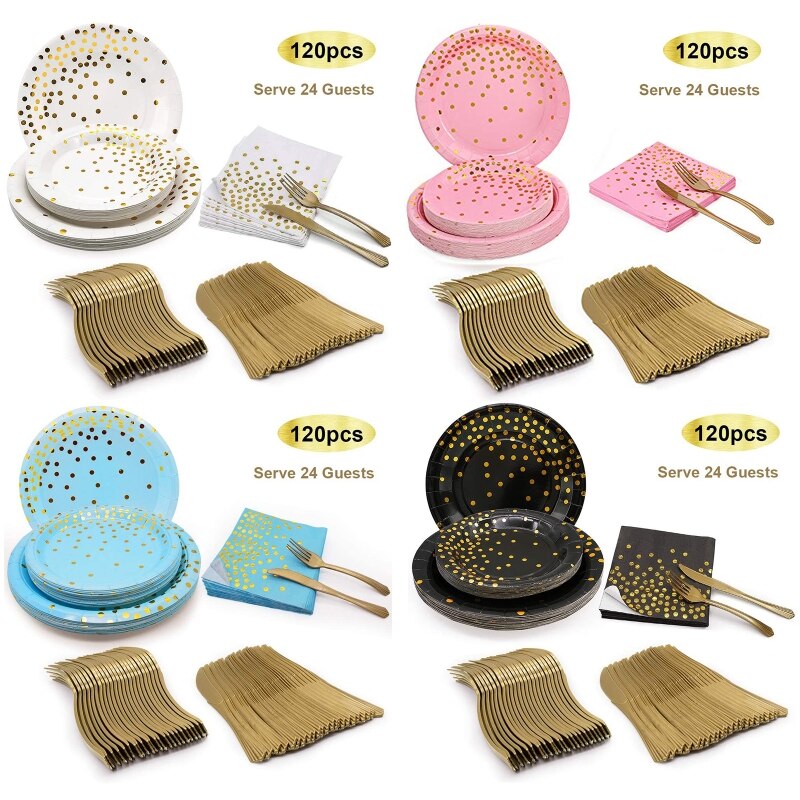 120pcs Disposable Dinnerware Set Tableware Party Supplies 24 Guests Dinner Plates for Wedding Birthday Anniversary Party