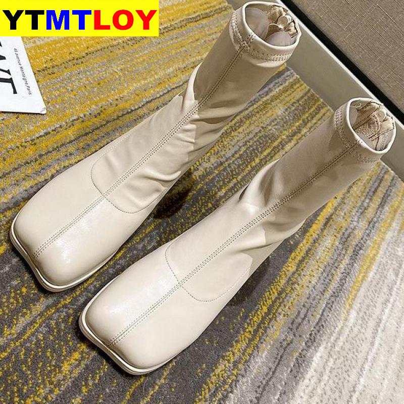Buty damskie buty wysokie obcasy modne botki blokowe obcasy lakierowane skórzane buty damskie Zip kwadratowe buty z palcami kwadratowy obcas