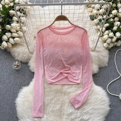 Kvinder hotsweet chic rhinsten mesh transparent lange ærmer sexet crop top slank sexet koreansk t-shirt efterårsskjorte til kvinder: Lyserød