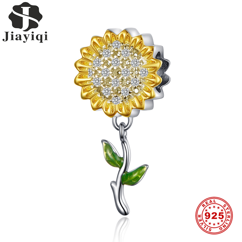 Jiayiqi Sunflower Gold Farbe Charme Für Frauen Silber Armband 925 Sterling Silber Emaille Green Leaf Perlen DIY Schmuck Zubehör