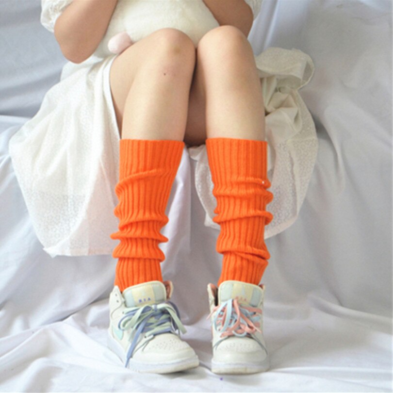 Calentadores de piernas para niña, calentadores de lana con bola tejida para pies, para otoño e invierno, para mujer, estilo japonés: Naranja