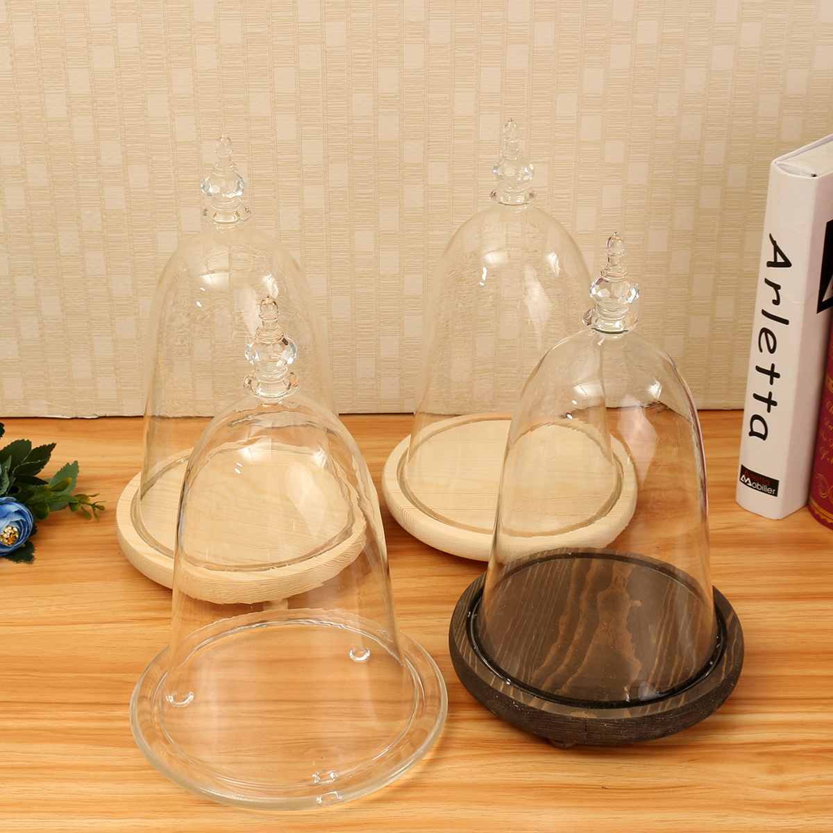 Home Decor Vases Glass Flower Display Cloche Bell Jar Dome Immortal Preservation With Wooden Base Everlasting Flower Glass Cover