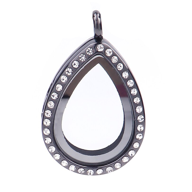 10 pz/lotto 25mm goccia d'acqua goccia strass/pianura galleggiante charms medaglione vetro vivente medaglioni memoria pendente per la collana: L162-Black