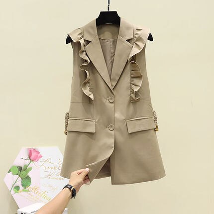 Blazer Long Vintage pour femmes, gilet Chic à bouton unique, costume sans manches, veste d&#39;extérieur, hauts, printemps automne 2022: Khaki / L