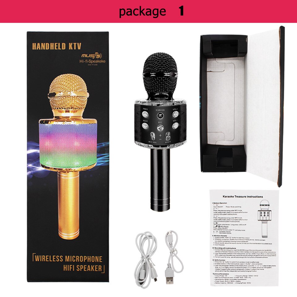 Ws858 L Wireless Karaoke Microphone Bluetooth Speaker Led Light Handheld Sing & Recording Portable KTV For IOS/Android Phone: black--colorcarton