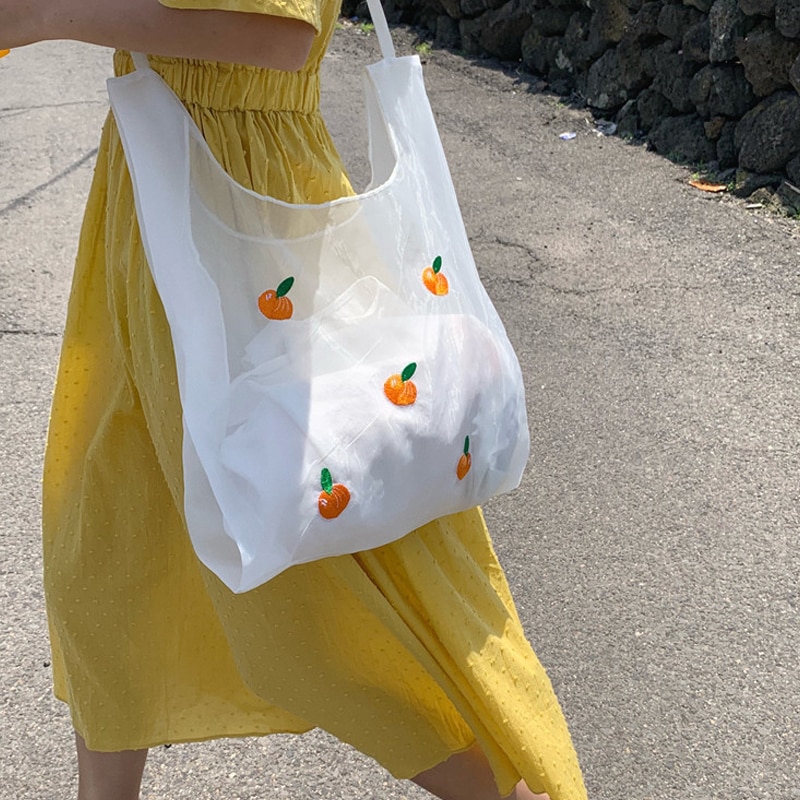 Stor kapacitet organza gennemsigtige håndtasker kvinder totetaske damer håndtaske skuldertasker sød lille frisk indkøbspose