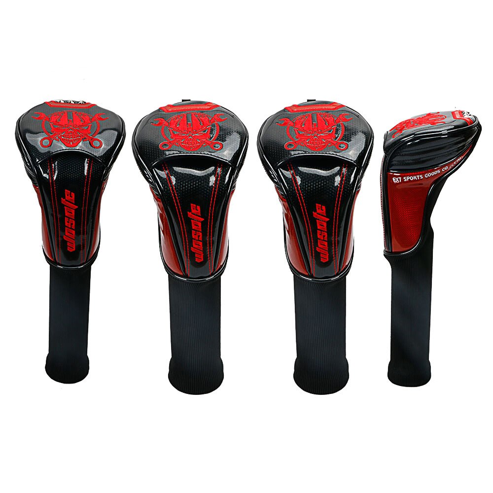 Golf Club Headcovers 1# Driver 3# 5# Wood # Hybrid Cover PU Leather with red Skull embroidery Head Covers: 4pcs set