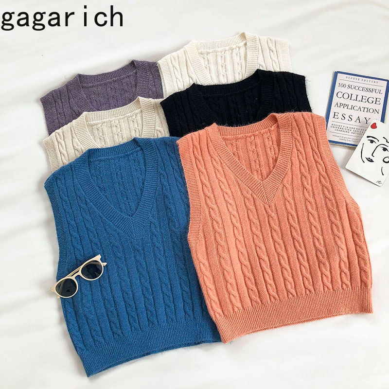 Gagarich Vest Women Autumn Korean Style Solid Color All-match Retro Pattern Knitted Slim V-neck Sleeveless Top Casual