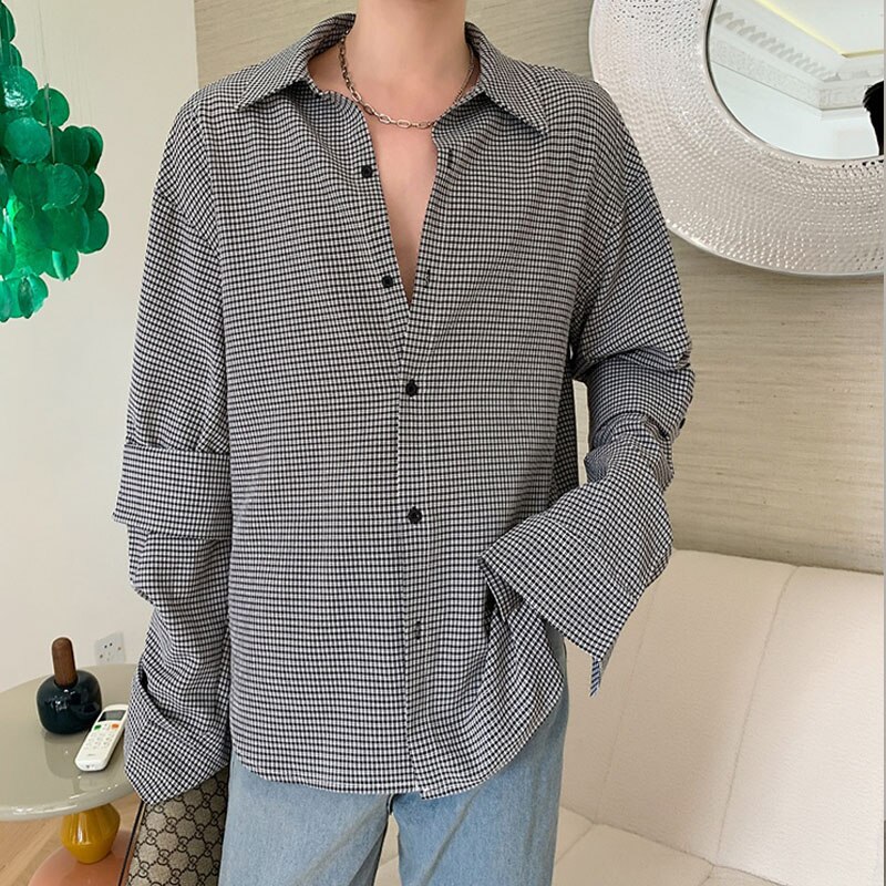 Camisa a cuadros masculina informal de manga larga de empalme para hombre estilo coreano Vintage Streetwear camisas sueltas
