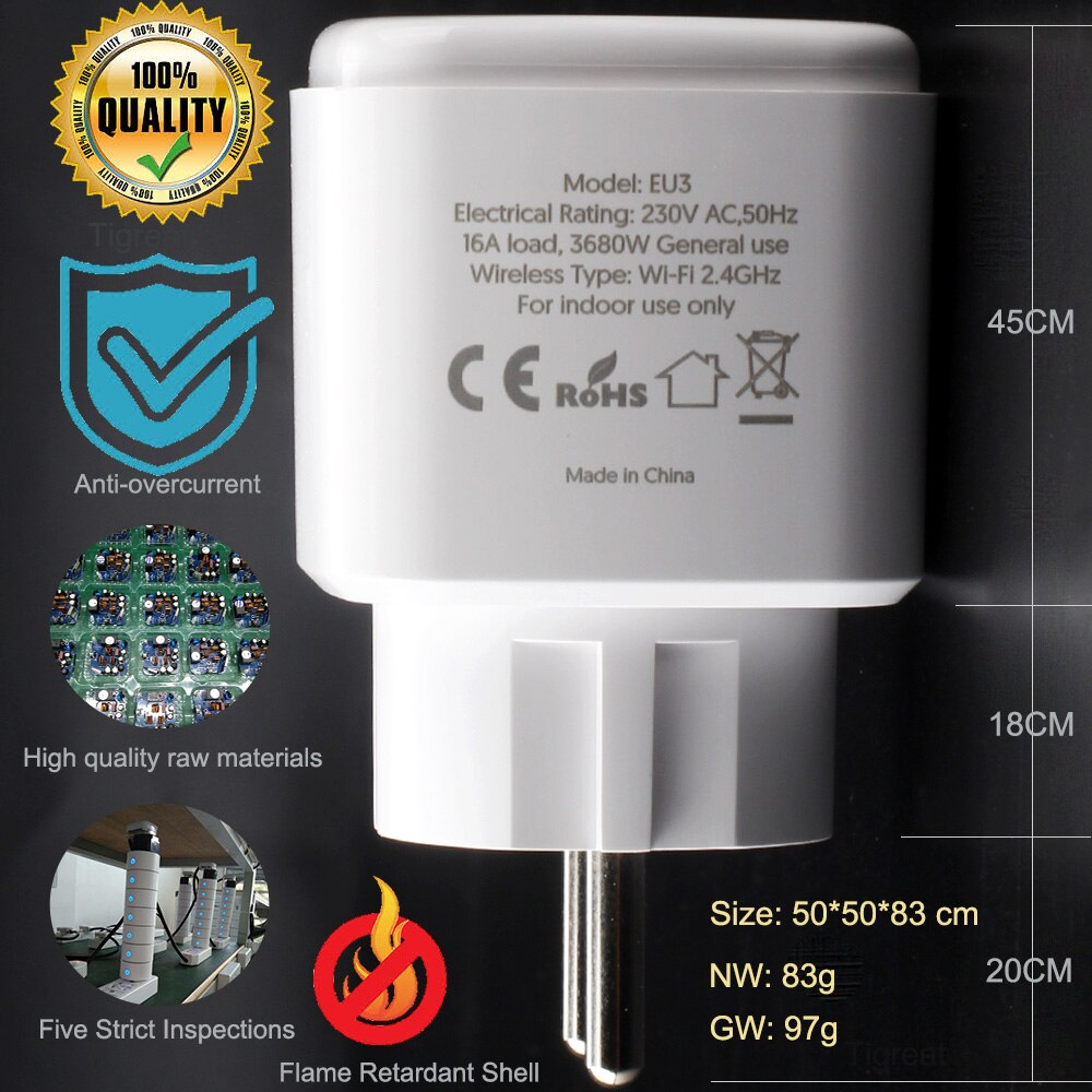 Smart Socket Wifi Plug EU 16A Wireless Power Outlet Tuya Remote Control Timer Alexa Plug Google Home IFTTT Switch Wi-fi Type E