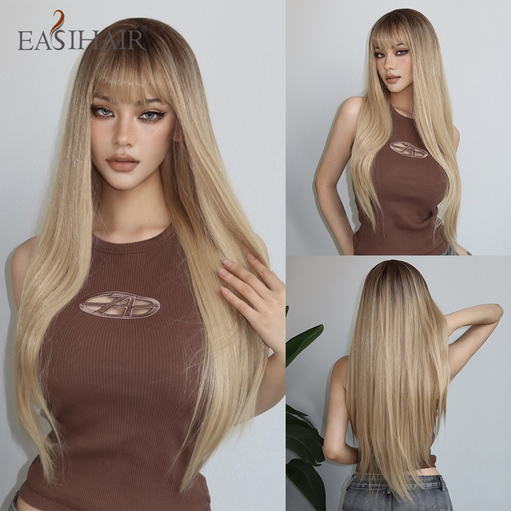 Lange gerade dunkelbraune synthetische Perücken mit Pony, seidige geschichtete Perücken für Frauen, täglicher Partygebrauch, Naturhaar-Perücke, hitzebeständig: #12