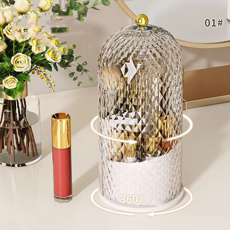 Porta brochas de maquillaje con tapa Diamond Birdcage 360 ° Organizador de maquillaje giratorio, caja de almacenamiento de cosméticos a prueba de polvo, contenedor de lápiz labial