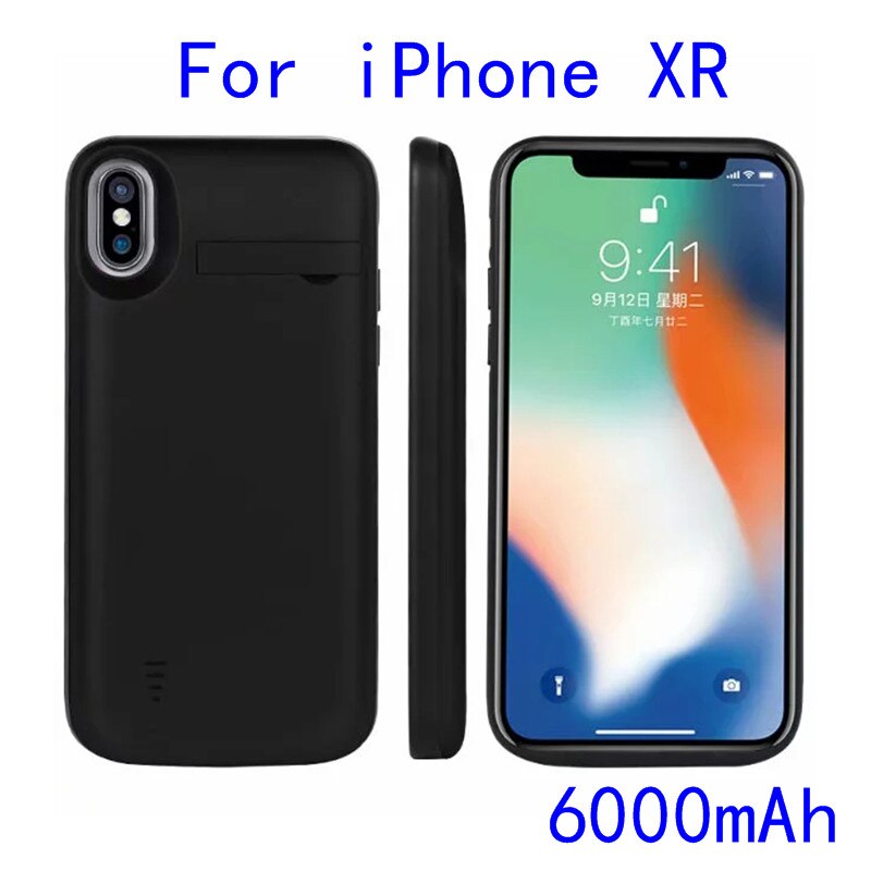 shockproof Battery Case For iPhone Xs Max Backup Power Bank Charging Cases For iPhone XR X XS Battery Charger Case Stand Cover: iXR-Black