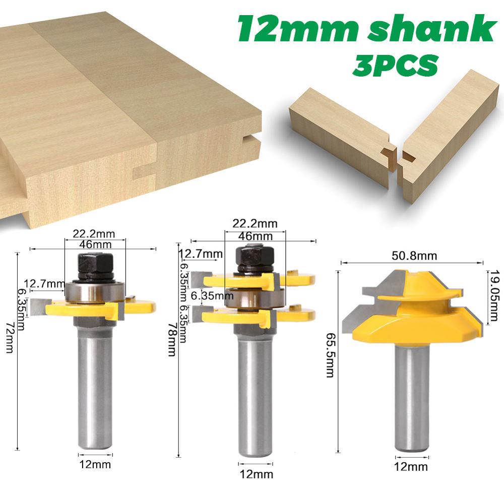 Tongue and Groove Router Bit Tool Set ½'' Shank With 45° Lock Miter Bit ½'' 12mm Shank - Solid Steel, Anti Kickback: 3pcs 12mm shank