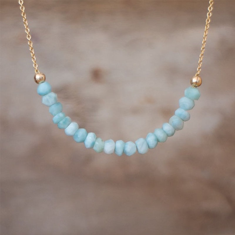 Larimar Necklace Natural Dominican Larimar Beaded Necklace Genuine Larimar Jewelry: Gold-A1