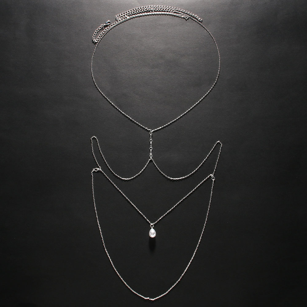 Simple Multi-layered Pearl Back Chain Necklace Women Bridal Water Dangle Necklace Body Chain Accessories Wedding Jewelry: SILVER PLATED