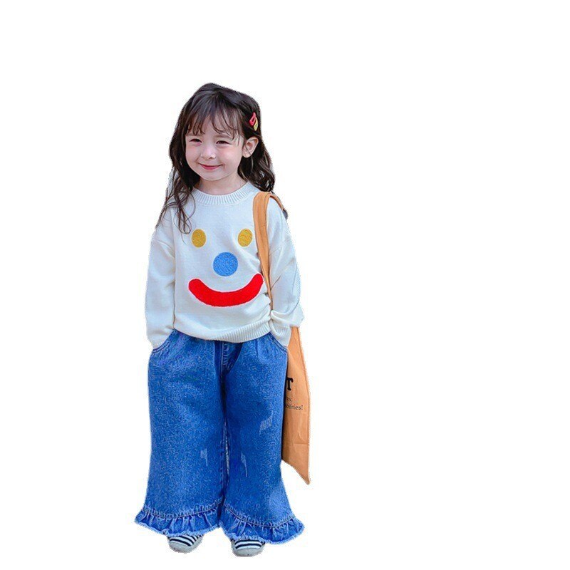 Children's 2022 spring clothes new girls Korean smiling face sweater loose Pullover Top 4-22