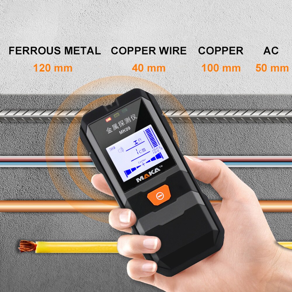 Maka MK09 Lcd Backlight Display Infrarood Metaaldetector Metalen Voorwerpen Staaldraad Koperen Buis Finder Diepte Tracker Muur Scanner