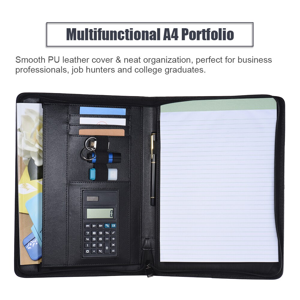 A4 Pu Leer Document Folder Organizer Multifunctionele Business Portfolio Case Ritssluiting Rekenmachine Kaarthouder