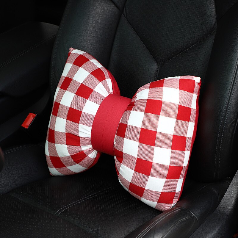 Oreiller avec nœud papillon pour appui-tête de voiture, 1 pièce, appui-tête à carreaux rouges, oreiller lombaire à carreaux noirs, coussin de siège, Kawaii, accessoires de voiture: Red plaid Waist