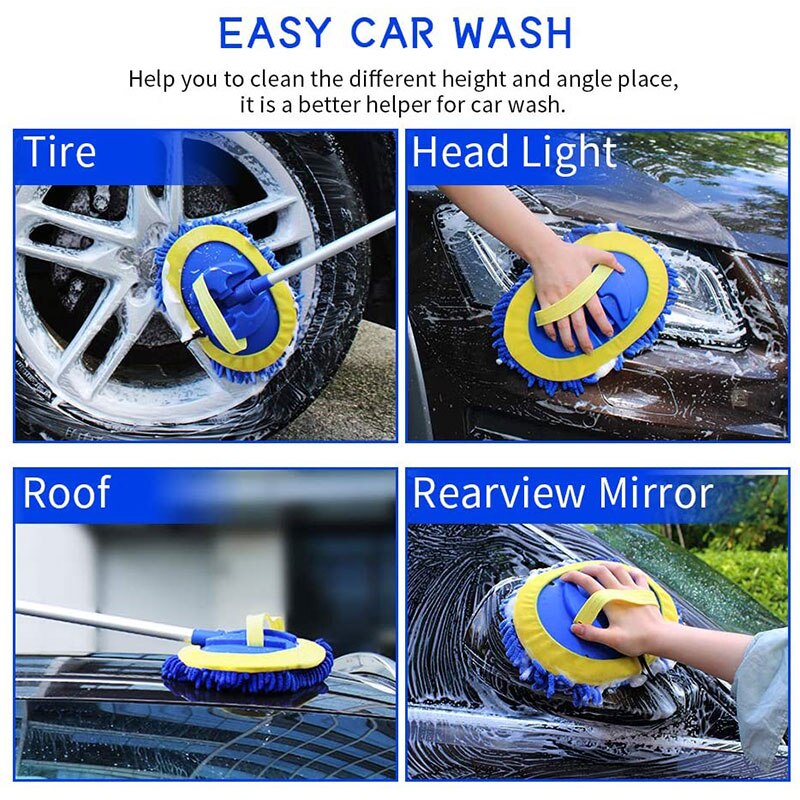 Upgrade 2 in 1 Three section Telescoping Long Handle Car Wash Brush Mop Thick Chenille Microfiber Broom Cleaning Tool