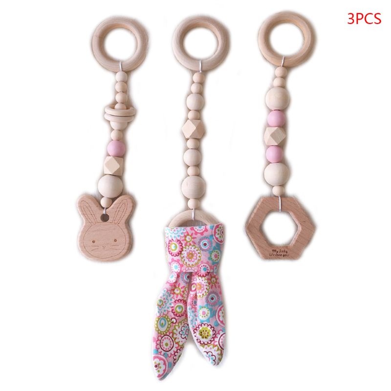 3 Teile/satz nordisch Karikatur Baby Holz Kaninchen Ohr Spielzeug Anhänger Fitnessstudio Fitness Gestell Ornament Kleinkind Kleinkind Zimmer Dekorationen: Rosa