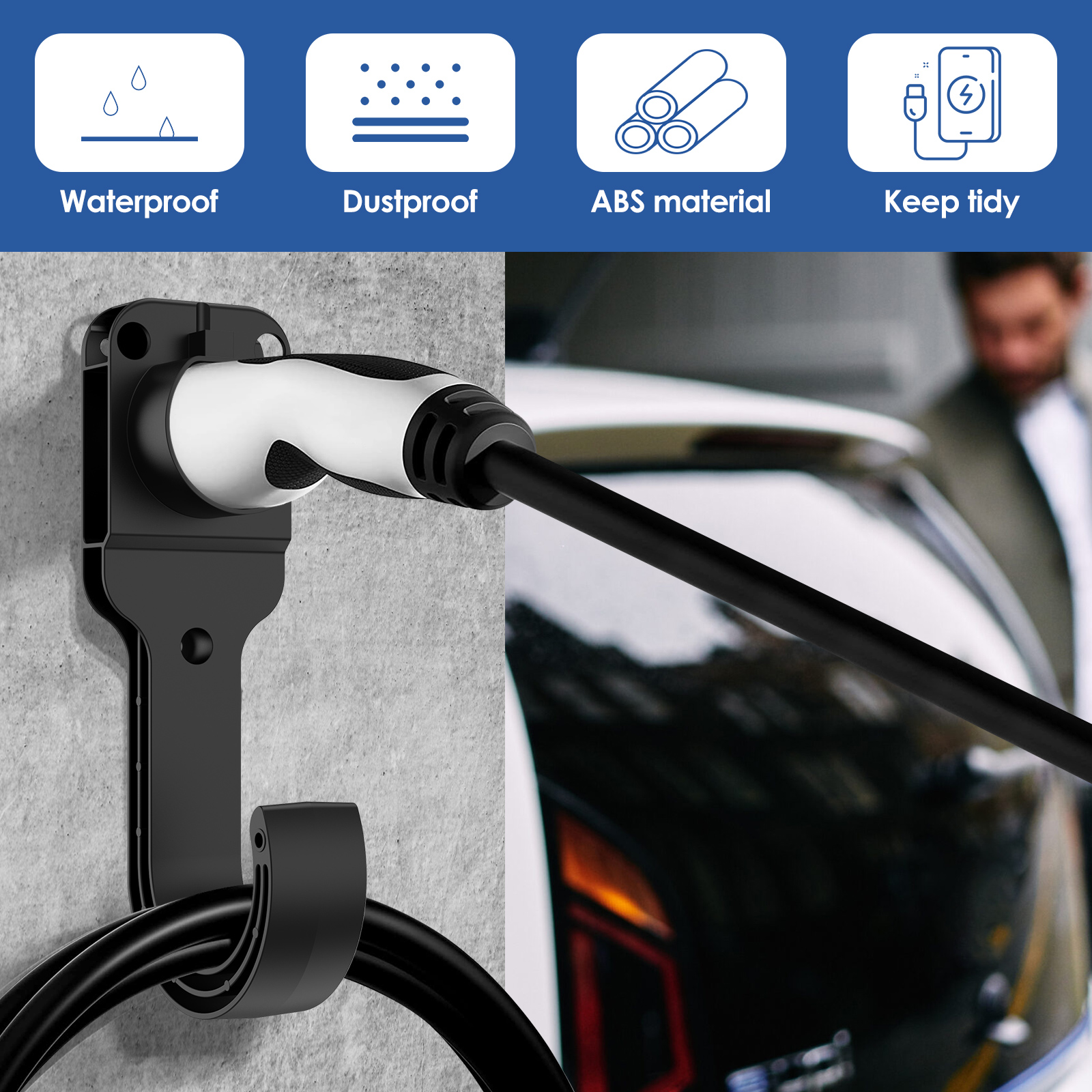 Halterung für Elektroauto-Ladekabel mit Haken, Typ 2, Ladekabel, Ladestecker, zusätzliche Schutzhalterung, robust und langlebig