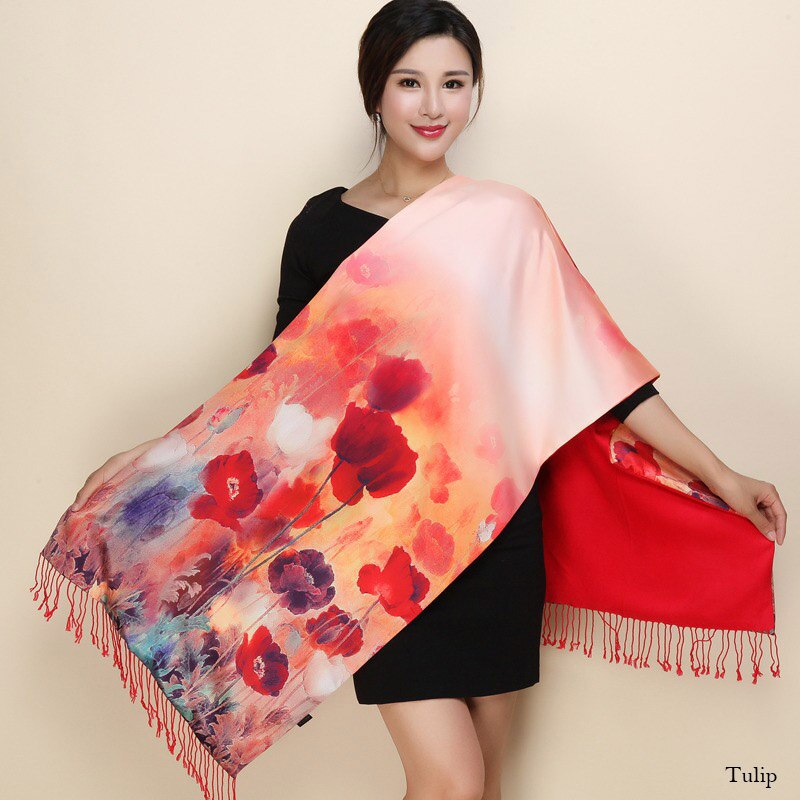hiver Double côtés cachemire écharpe femmes long Pashmina Tippet femelle châles et Wrap Foulard femme floral foulards en soie