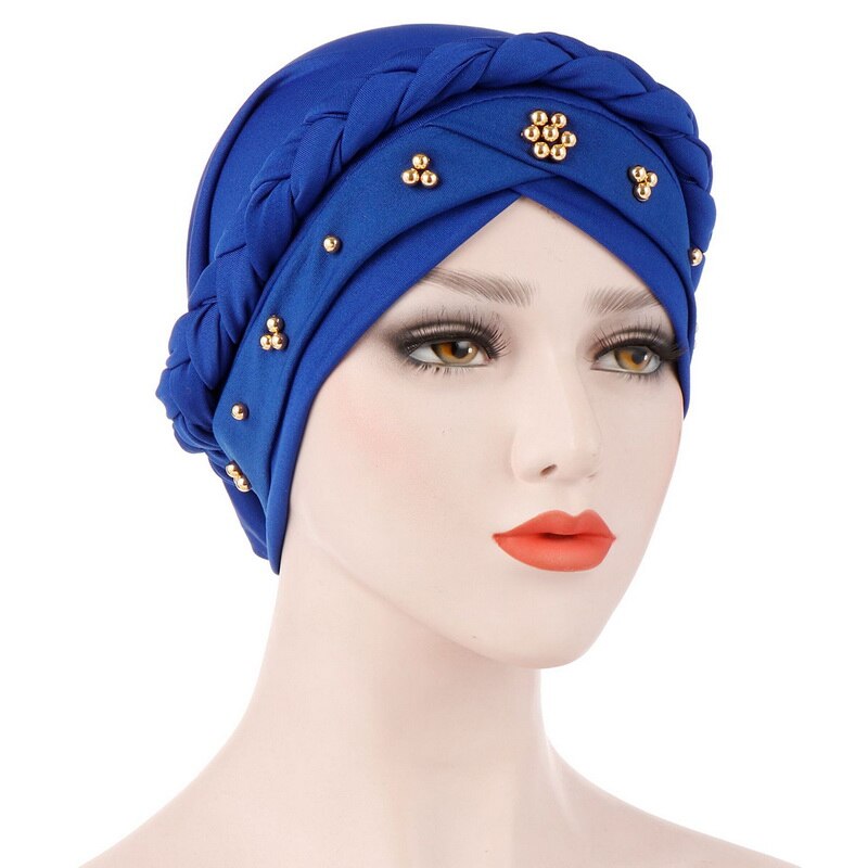 Kvinnor muslimska turban keps enfärgad bandanas pärlstav fläta pärlor dekor hatt: 9