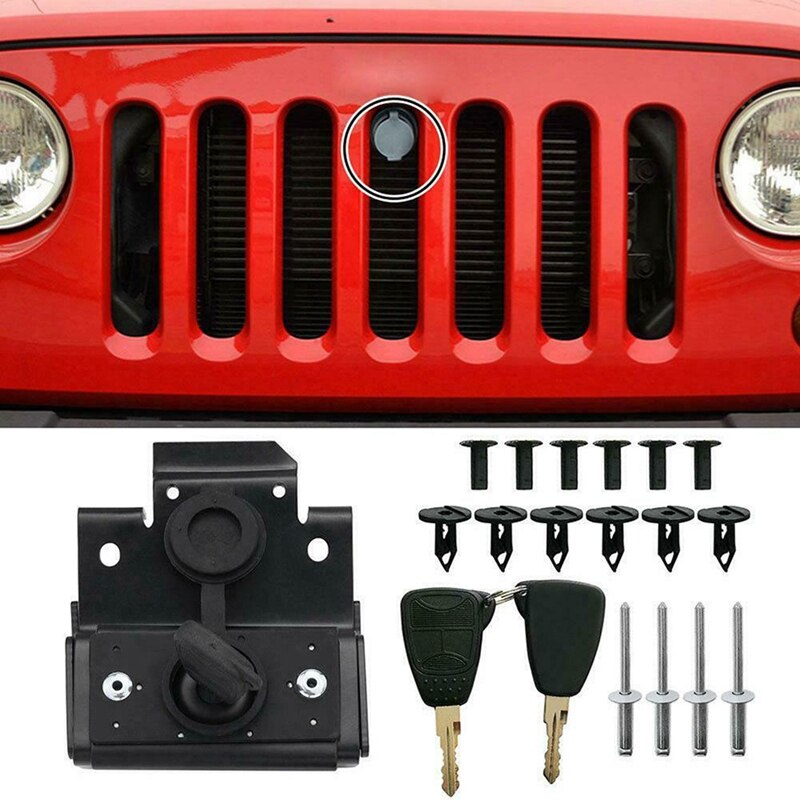 Para jeep wrangler jk 2007-2018 motor grille hood kit de bloqueio anti-roubo embly travamento capa captura