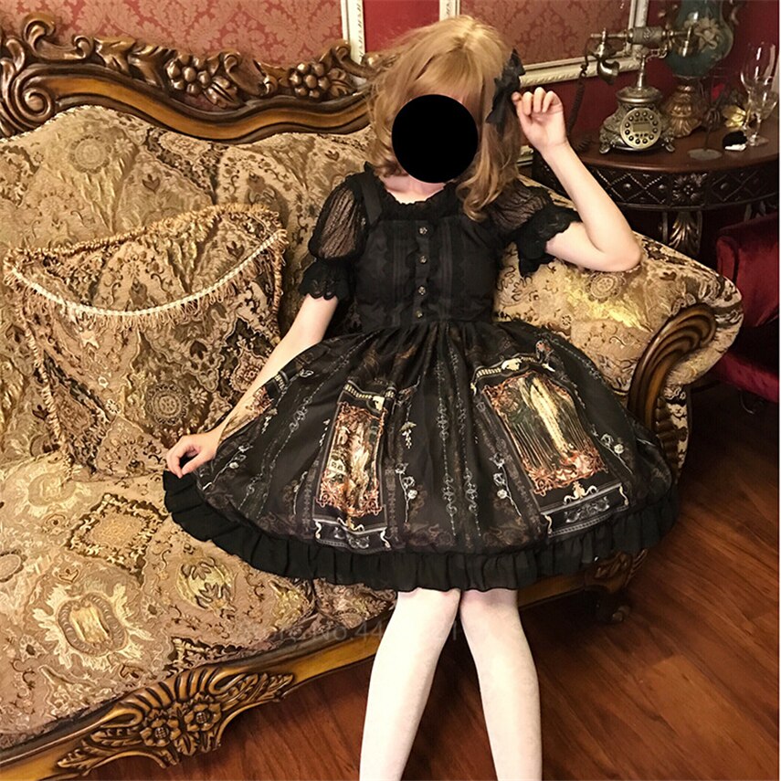 Gootti lolita mekko nainen vintage kawaii sifonki palatsi prinsessajuhla lyhty hihassa painettu söpöt cosplay-asut