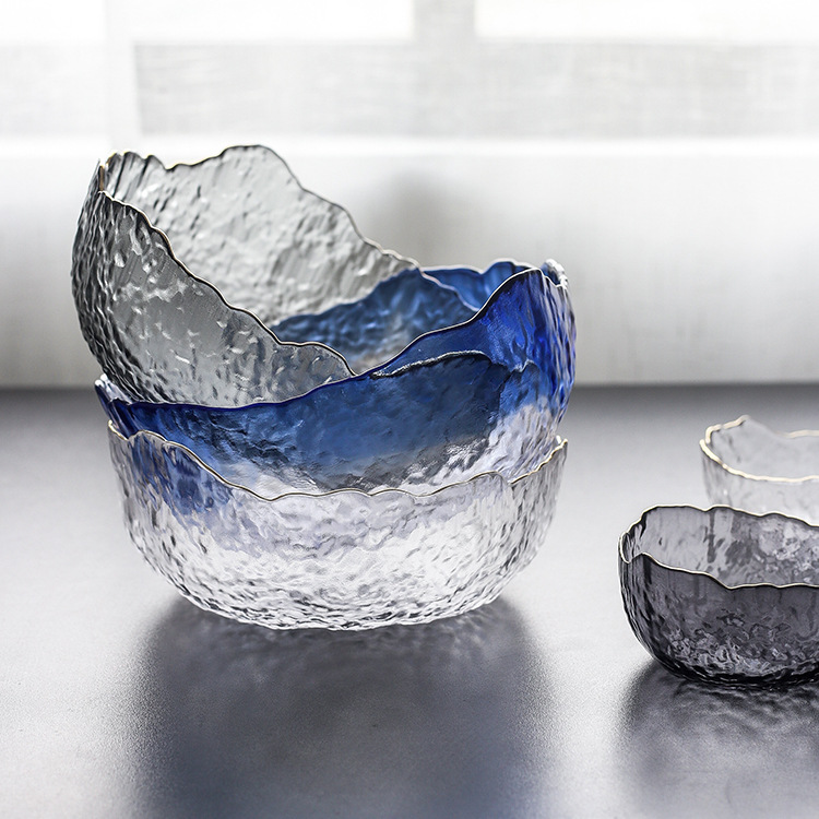 Cuenco de vidrio de corte dorado de estilo japonés, cuenco grande transparente Irregular para ensalada de verduras y frutas, cuenco rojo de Red, cuenco de postre