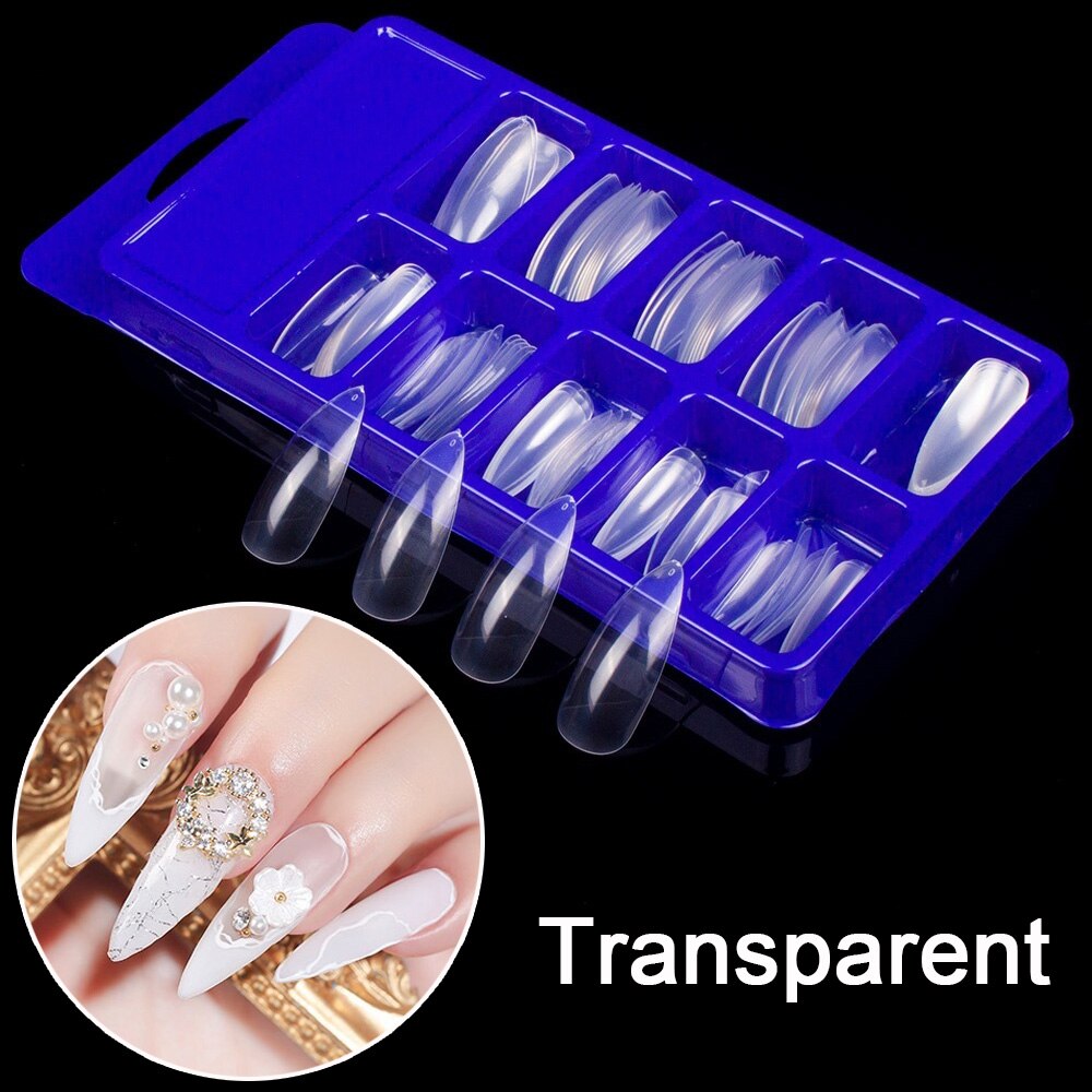 100pcs/set Long Clear Almond Nail Tips Acrylic Stiletto False Nails Full Cover False Nails Artificial Press on Nails for Women: Transparent