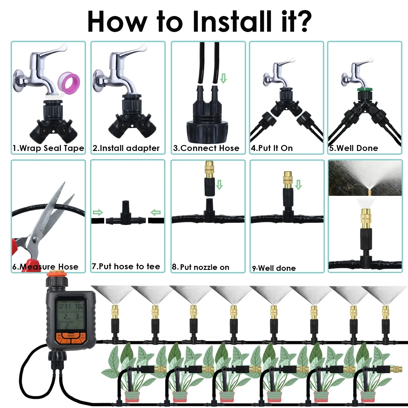 5M-50M Garden Misting Cooling System 1/4'' Drip Irrigation Outdoor Watering Brass Atomizer Nozzles 4/7mm Hose Greenhouse Parasol