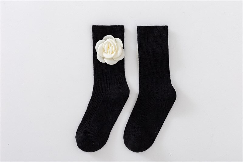 Sweet Baby Child Girls calze a tubo centrale nere con fiore 3D Floret calzini per bambini accessori moda 1-3-4-6-7-10 anni primavera: 3 / 2-3T