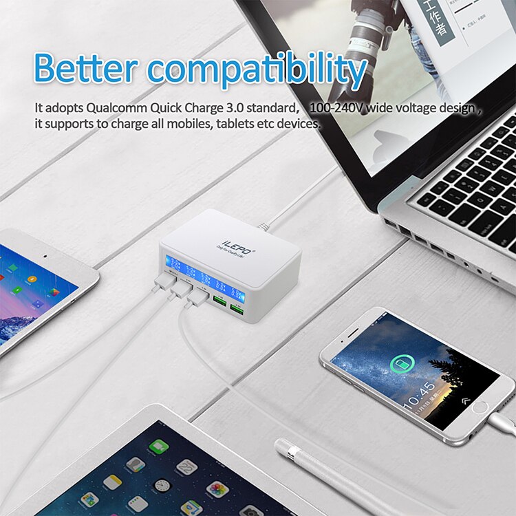 Stacja ładująca USB iepo szybki opłata QC3.0 50W 5V2.4A * 5 ładowarka USB z wyświetlaczem ekranowym dla iphone'a ipad PC rozpalać tablet