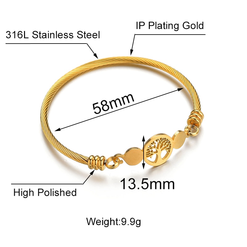 Goxijite 3 Colors Jewelry Women's Stainless Steel Twisted Cable Wire Heart Tree Of Life Charm Bracelet Bangle Jewlery