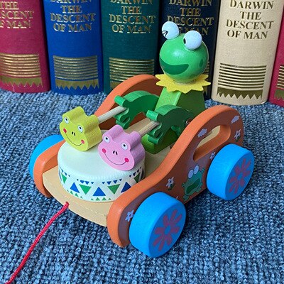 Kinderen Houten Beer Towing Auto Baby Towing Peuter Cartoon Beer Drum Speelgoed Auto Dier Little Bunny Towing Auto: F282 Frog Trailer