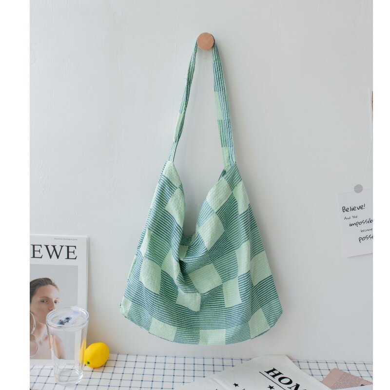 Cotton Canvas Green Blue Check Eco Shopping Tote Shoulder Bag Cross Body Strap SB: green