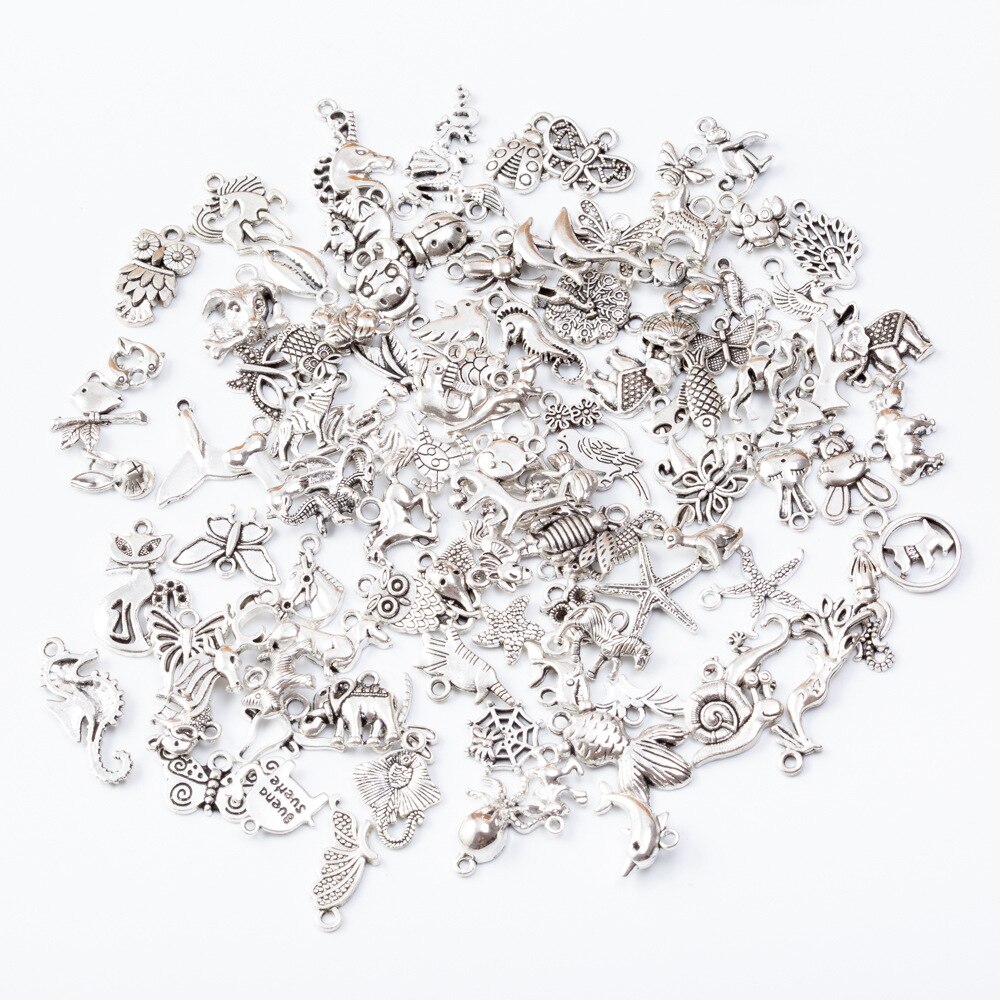50 stk / lot tilfældig blandet form legering sølv charms vedhæng diy smykker gør til kvinder mænd klokke armbånd dekoration