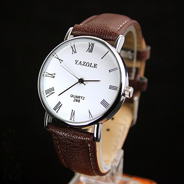 Yazole Quartz Watch Men Casual Business Leather Strap Classic Blue Glass Mens Watches Relogio Masculino: brown white