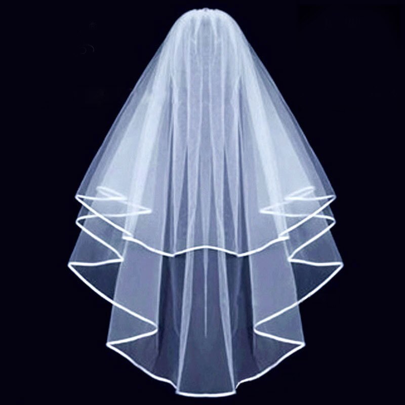 White Ivory Red Black Pink Wedding Veils With Comb Ribbon Edge Bridal Veils 2 Layer Bride Accessories Voile Mariage Welon Slubny: White