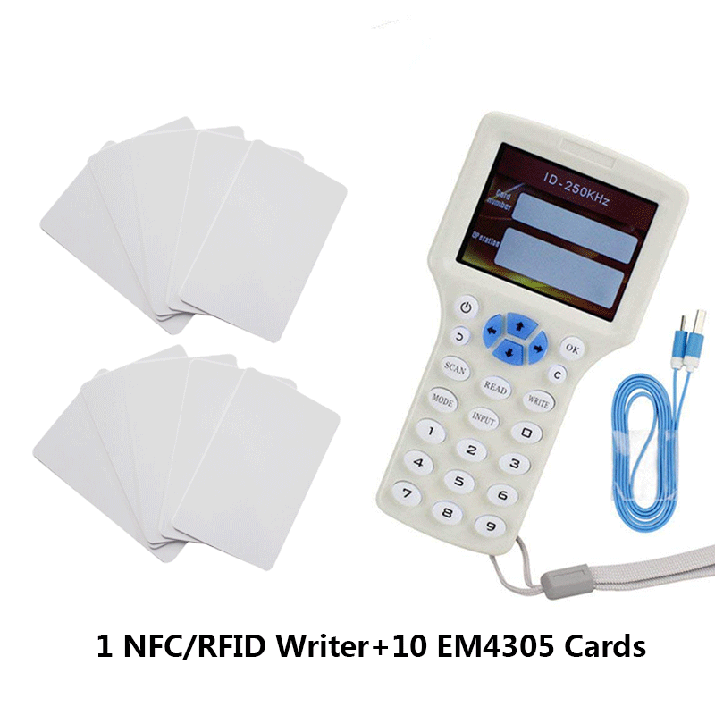 Lector de fotocopiadora de tarjetas RFID, duplicador escritor inglés, programador de frecuencia 10, ID de tarjetas IC + 5 uds. De tarjetas de identificación y llavero + 5 uds. De tarjetas UID: 08cd-105200c