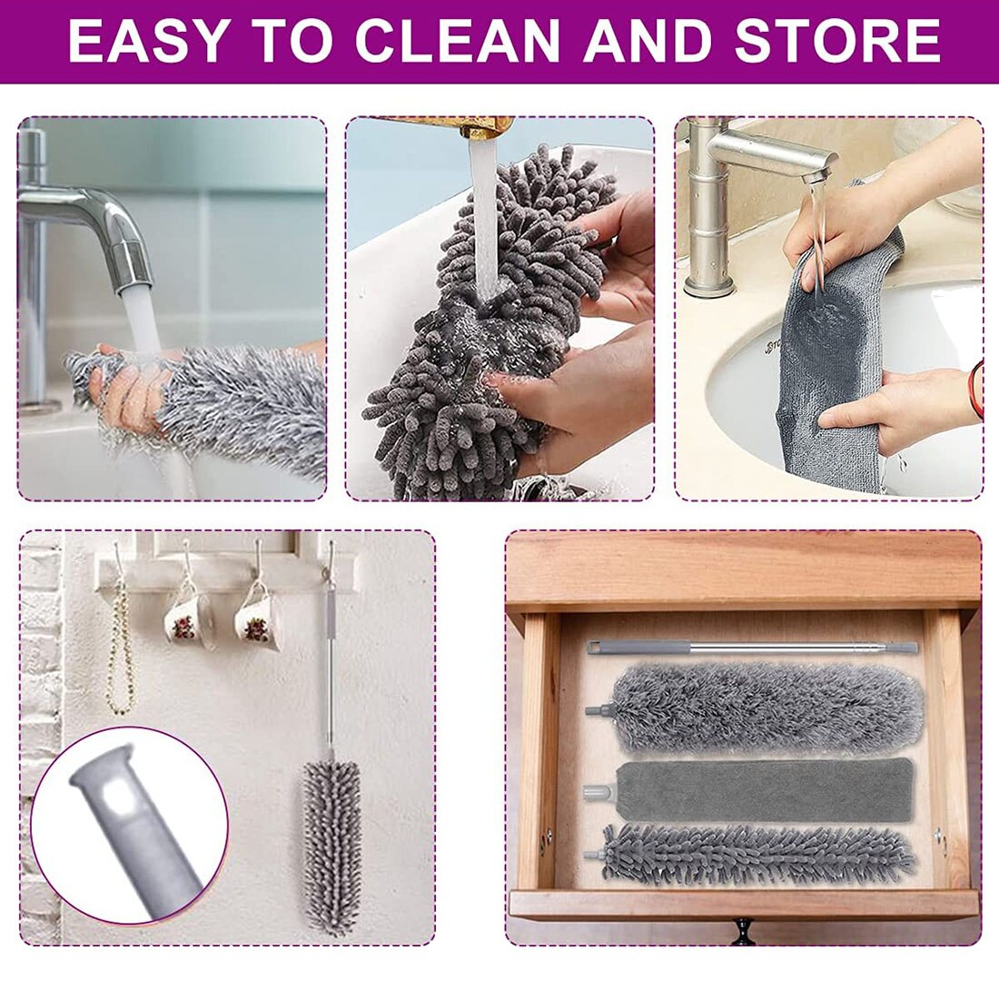 Kit de nettoyage extensible en microfibre, 6 pièces, plumeau à plumes, pour le nettoyage de la poussière, ventilateurs de plafond, lumières, stores de voiture