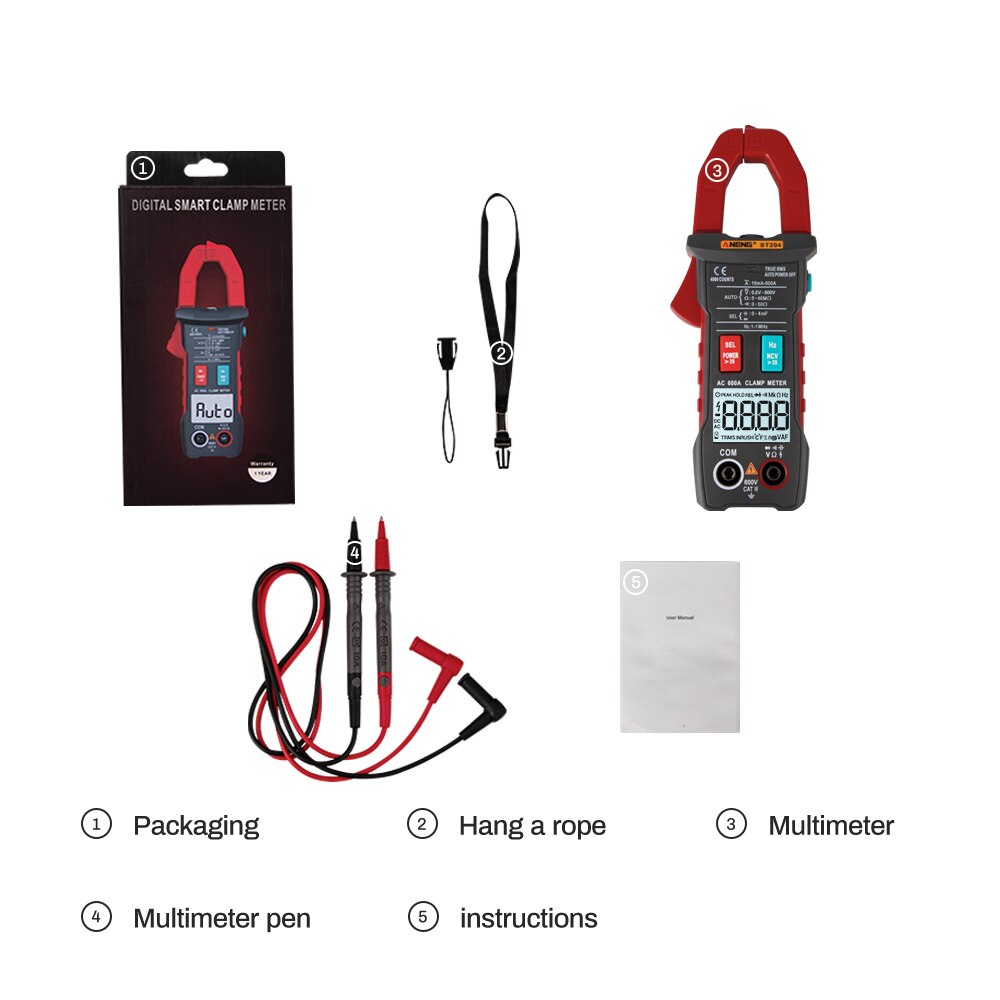 ANENG ST204 Clamp Meter Digital Multimeter True RMS Current Plier Clamp Ammeter VFC Capacitor Transistor Tester Frequency Meter: Red
