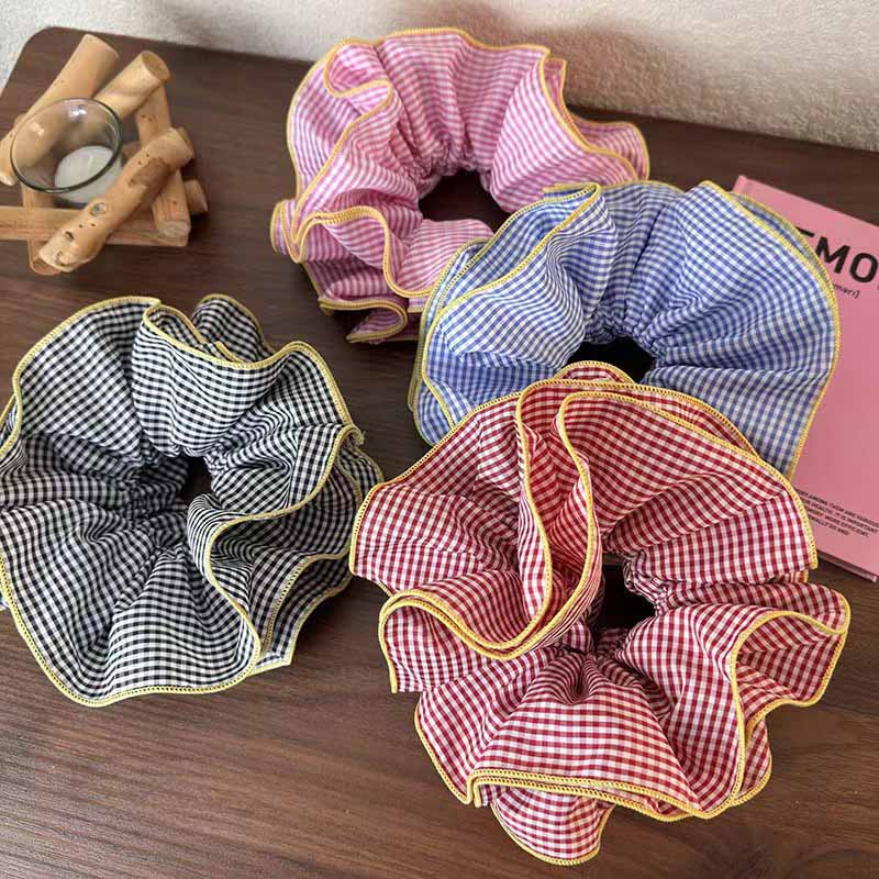 Retro Colorful Lattice Ruffles Hair Scrunchies Headbands for Women Girls Sweet Romantic Hair Rope Rubber Band Hair Accessories